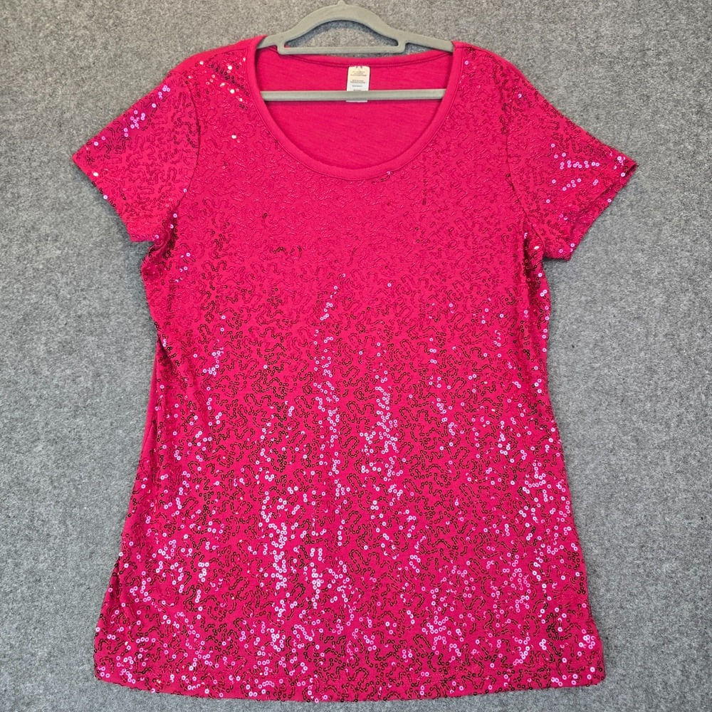 Women T Shirt Large Pink Sequins Covered Casual Short Sleeve Round Neck Pullover